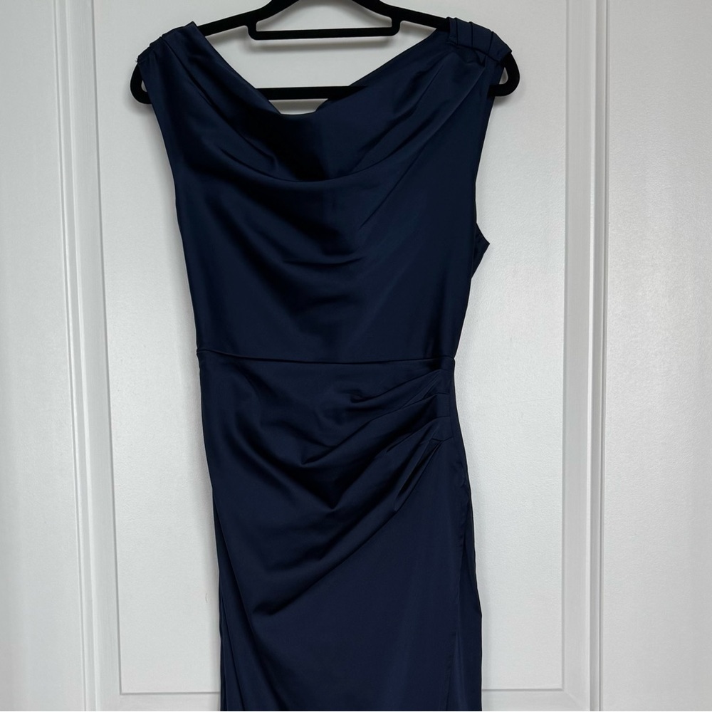 Abercrombie & Fitch Navy Blue Boat Cowl Neck Draped Ruched Maxi Dress Satin XS - Picture 8 of 10